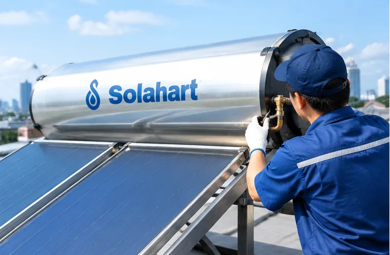 Service water heater Solahart tenaga surya di Bali, teknisi memeriksa tangki di atap