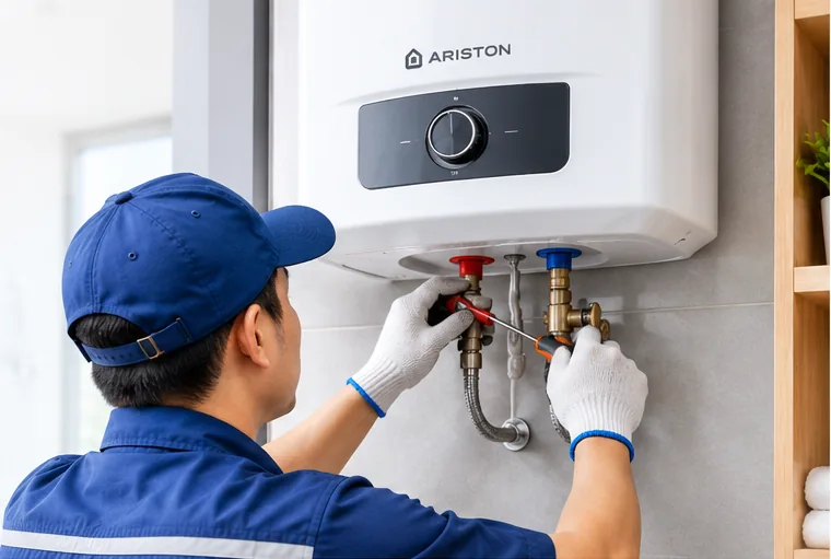 Service water heater Ariston di Bali, teknisi memperbaiki sambungan pipa dan kran