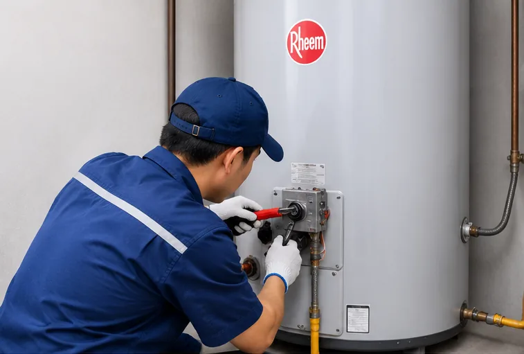 Service water heater Rheem tipe tangki di Bali oleh teknisi kami